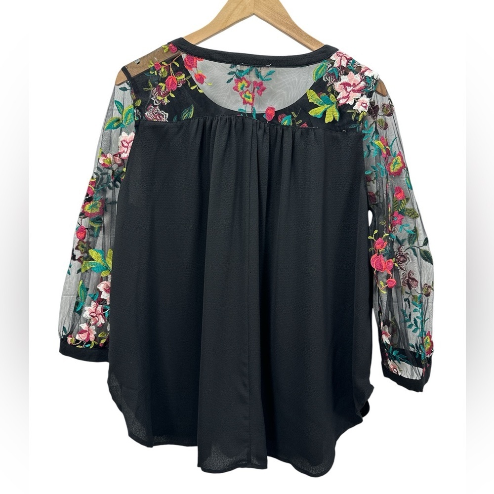 Umgee Black Top with Floral Embroidered Sheer Sleeves - Picture 4 of 11